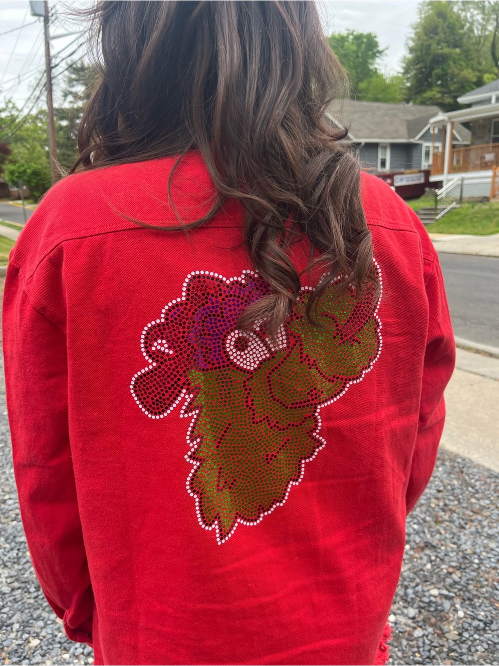 Women's Red Embellished Jean Jacket with Rhinestone Floral Back